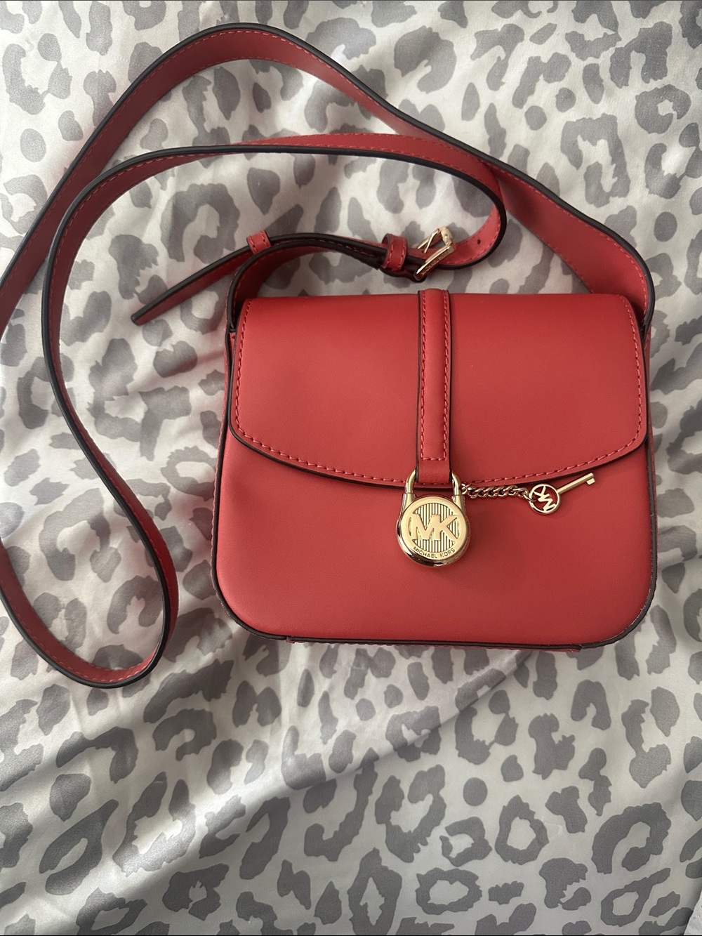 Michael Kors Red Leather Crossbody with Gold Charm